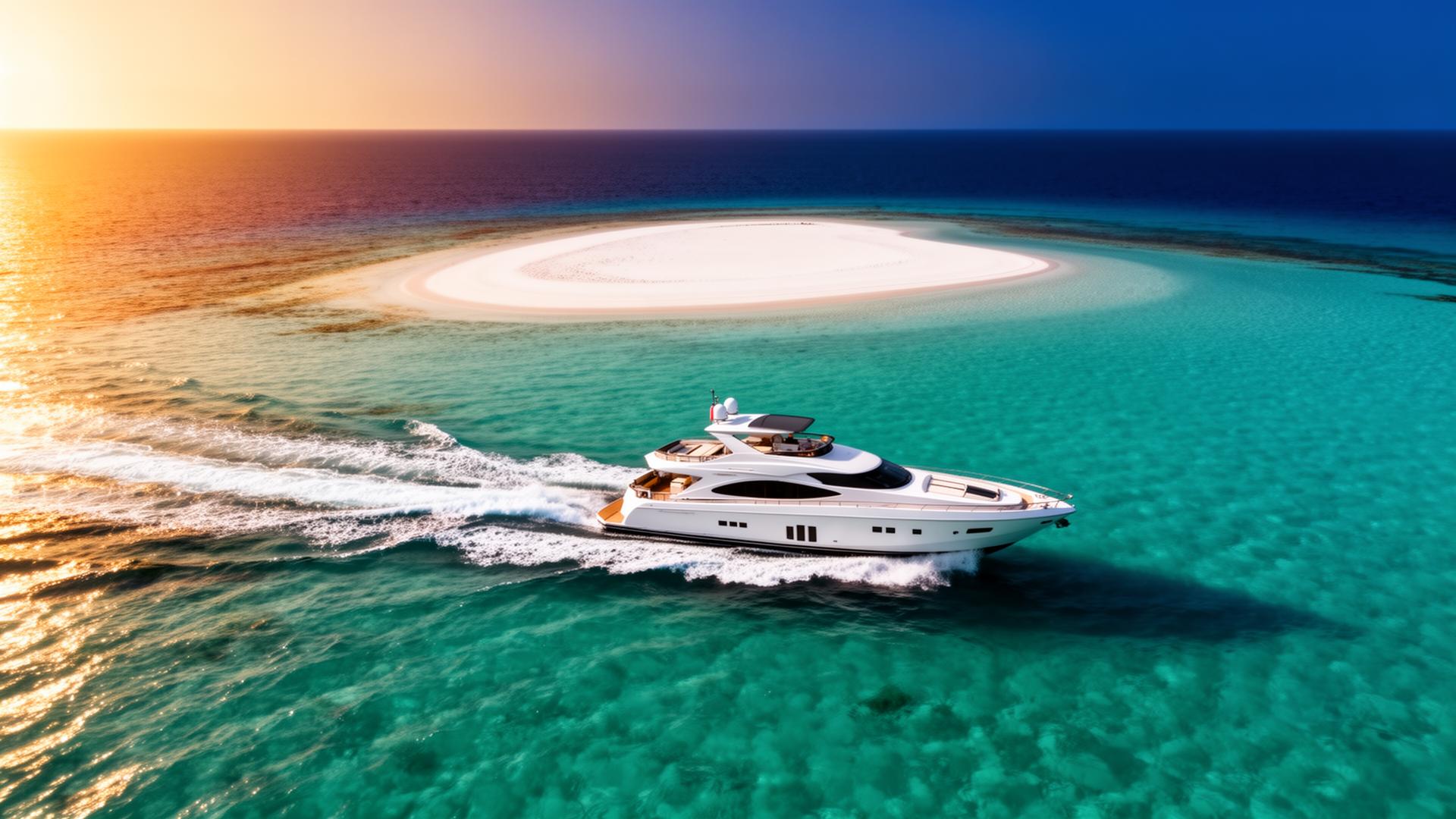 Luxury speedboat on the Red Sea near a white sandbank